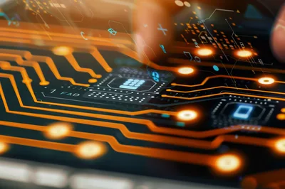 Digital Circuit Board Interface With Glowing Data Connections