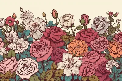 Vintage Botanical Illustration Of Colorful Rose Garden