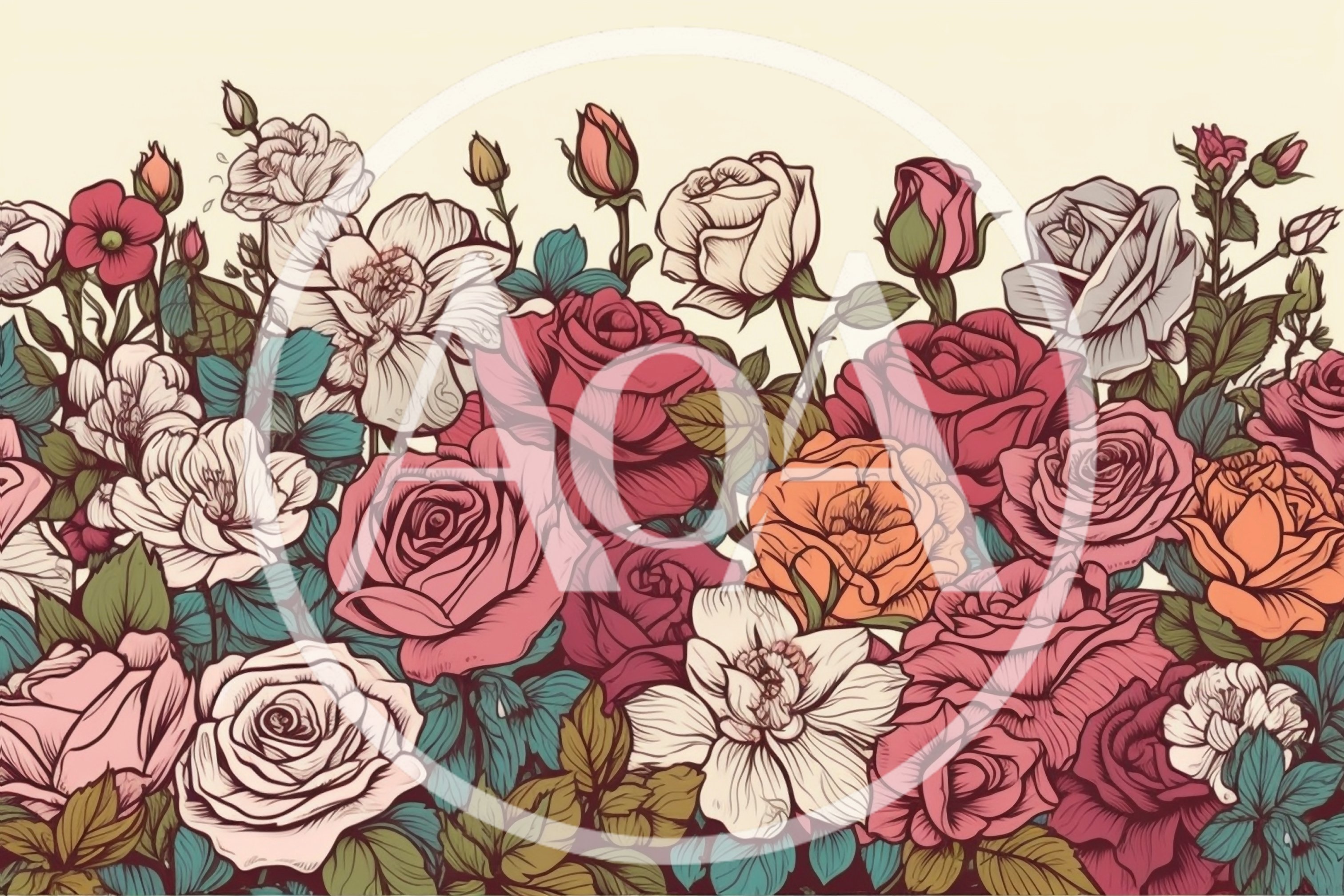 Vintage Botanical Illustration Of Colorful Rose Garden