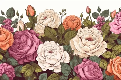 Vintage Botanical Illustration Of Colorful Garden Roses