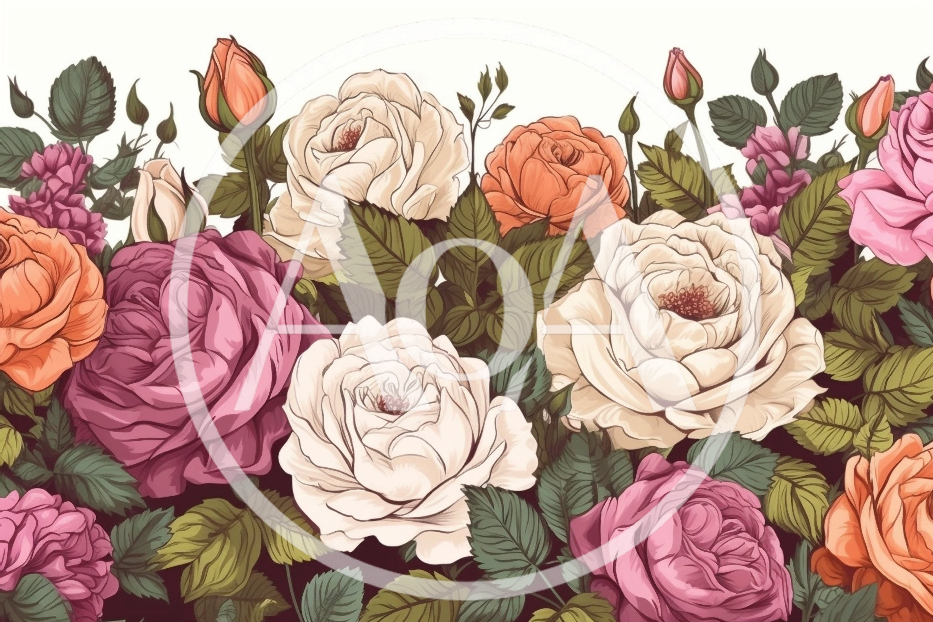 Vintage Botanical Illustration Of Colorful Garden Roses