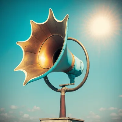 Vintage Style Megaphone Speaker Against Bright Sunny Sky