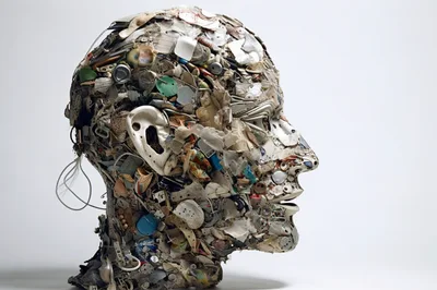 Sculpture Of A Human Head Made From Recycled Trash