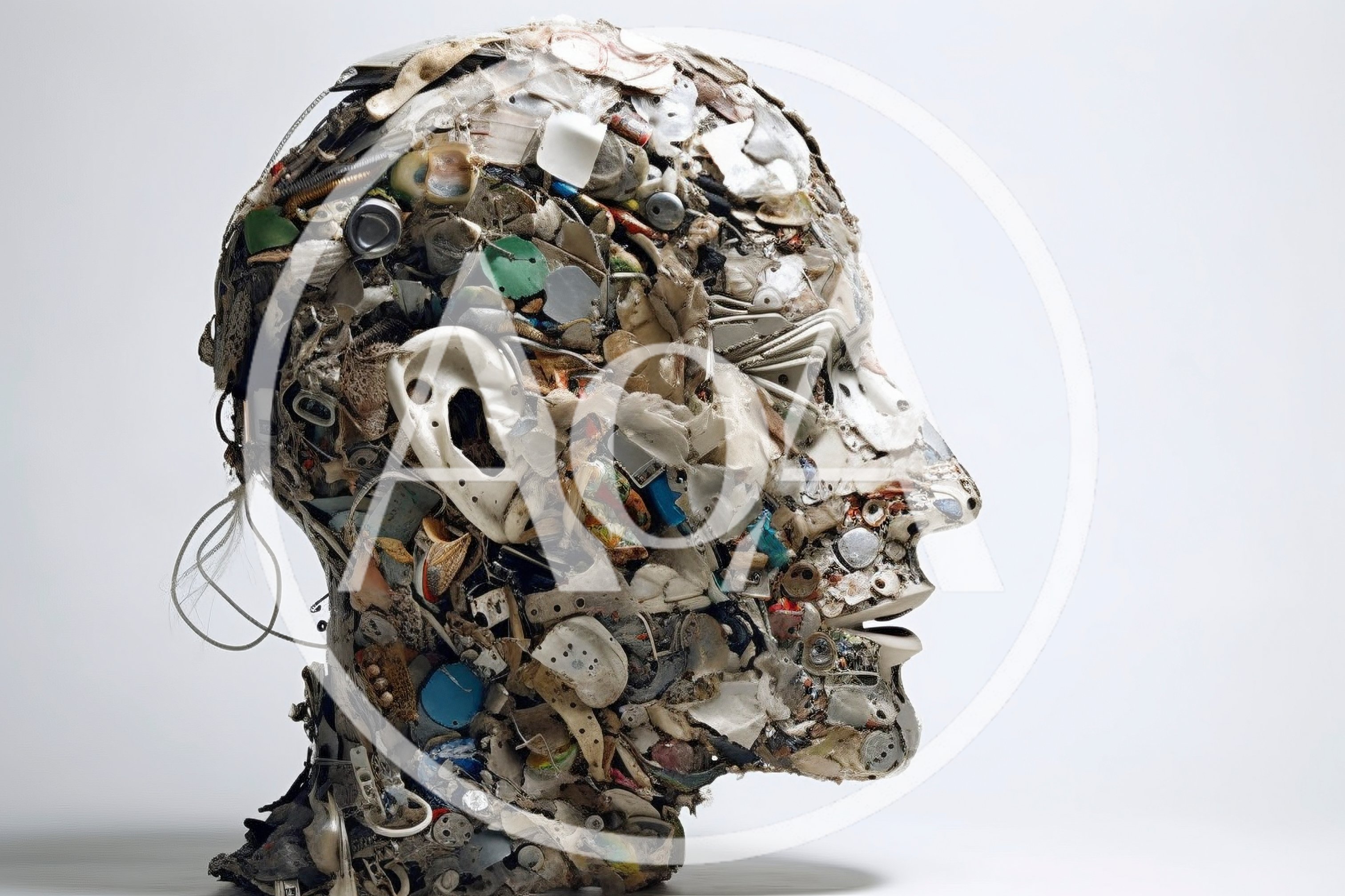 Sculpture Of A Human Head Made From Recycled Trash