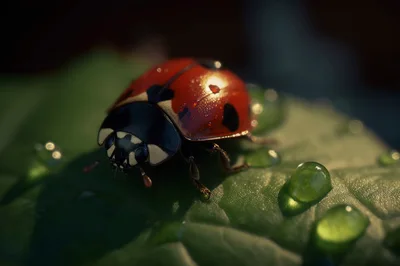Macro Close Up Of A Ladybug On A Dewy Leaf