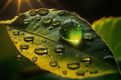 Large Dewdrop Reflecting Sunlight on a Green Leaf