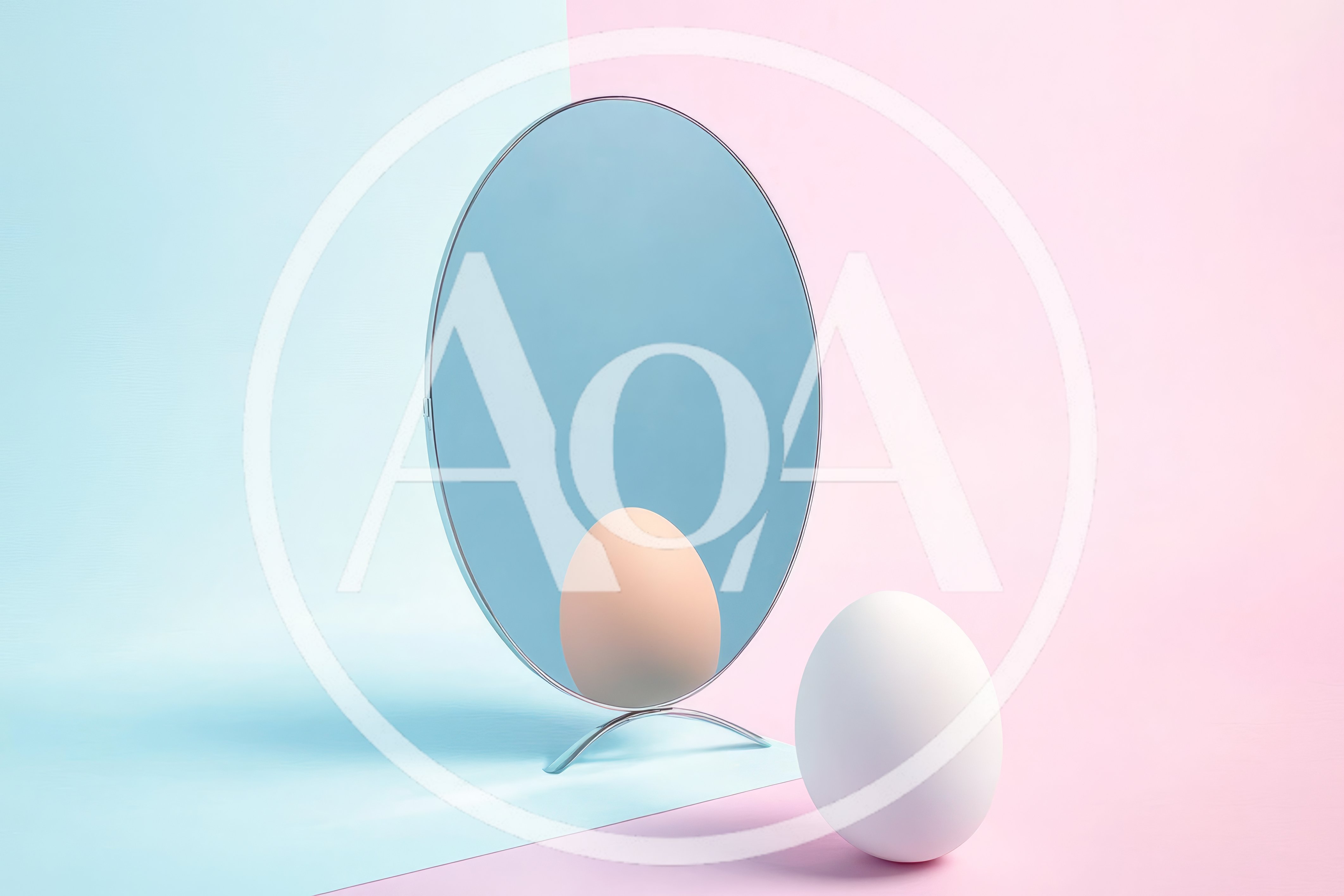 White Egg Standing Before A Round Mirror