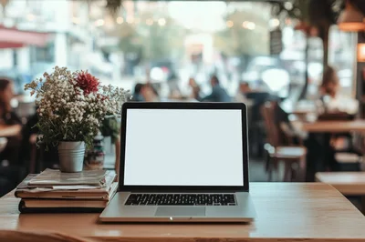 Laptop With Blank Screen On Cafe Table