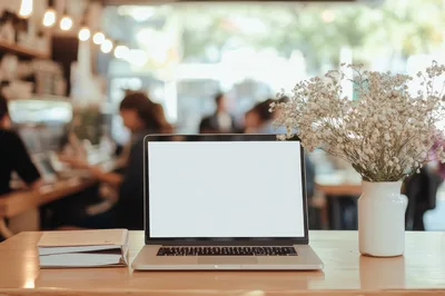 Laptop With Blank Screen On Cafe Table