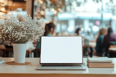 Laptop With Blank Screen On Cafe Table