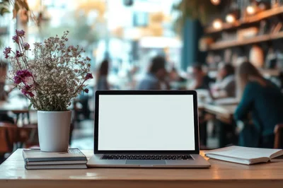 Laptop With Blank Screen On Cafe Table