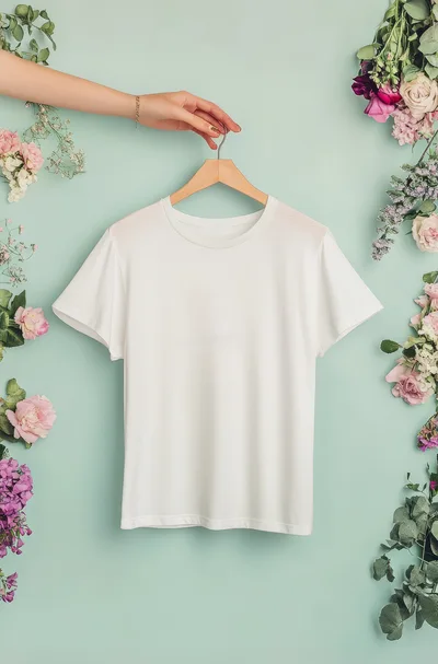 White T-Shirt Mockup Held By Hand With Floral Decor