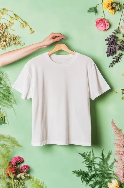 White T-Shirt Mockup Held Against Floral Background