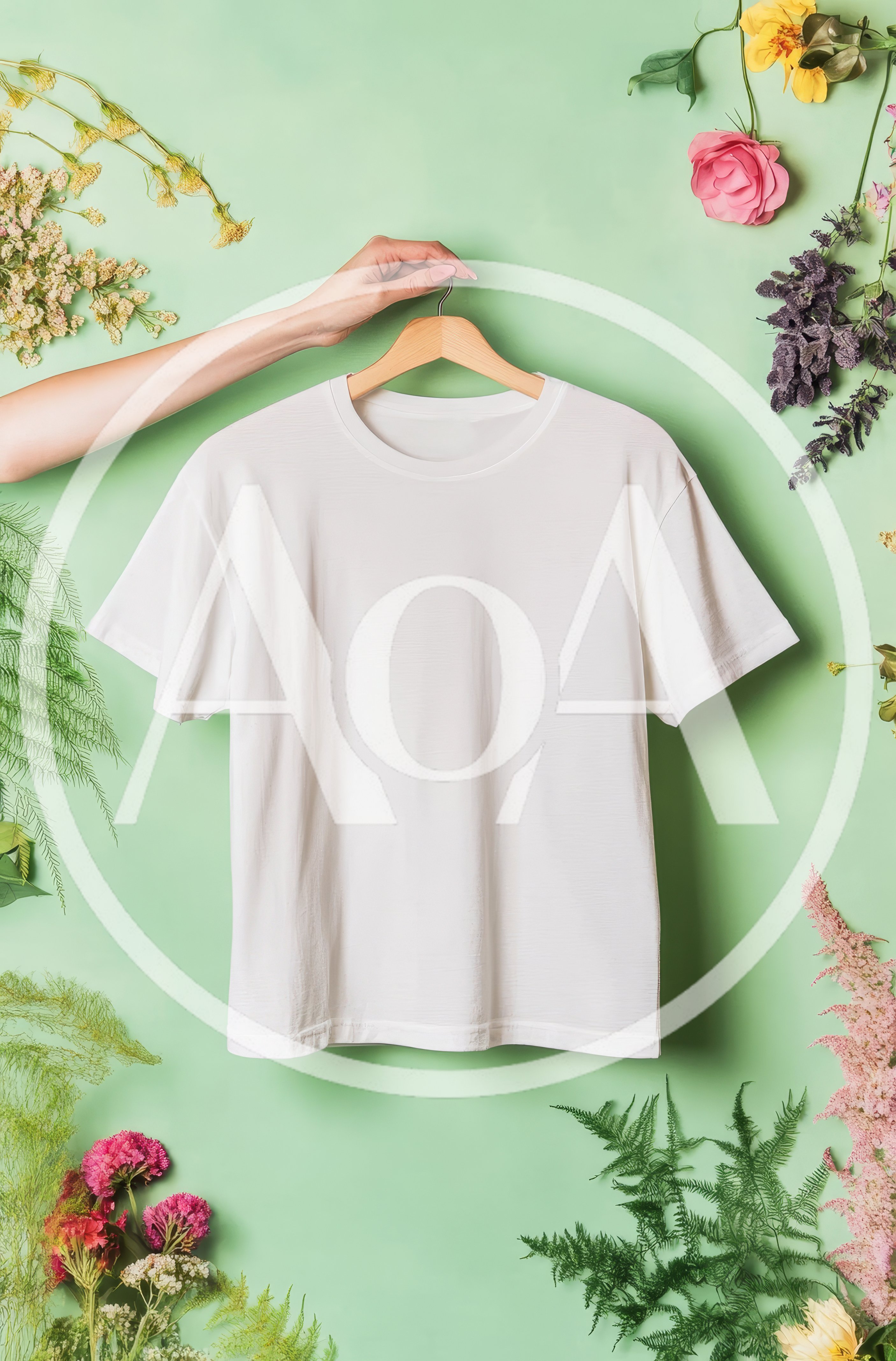 White T-Shirt Mockup Held Against Floral Background