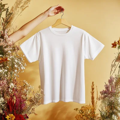 White T-Shirt Mockup Held By Hand With Dried Flowers
