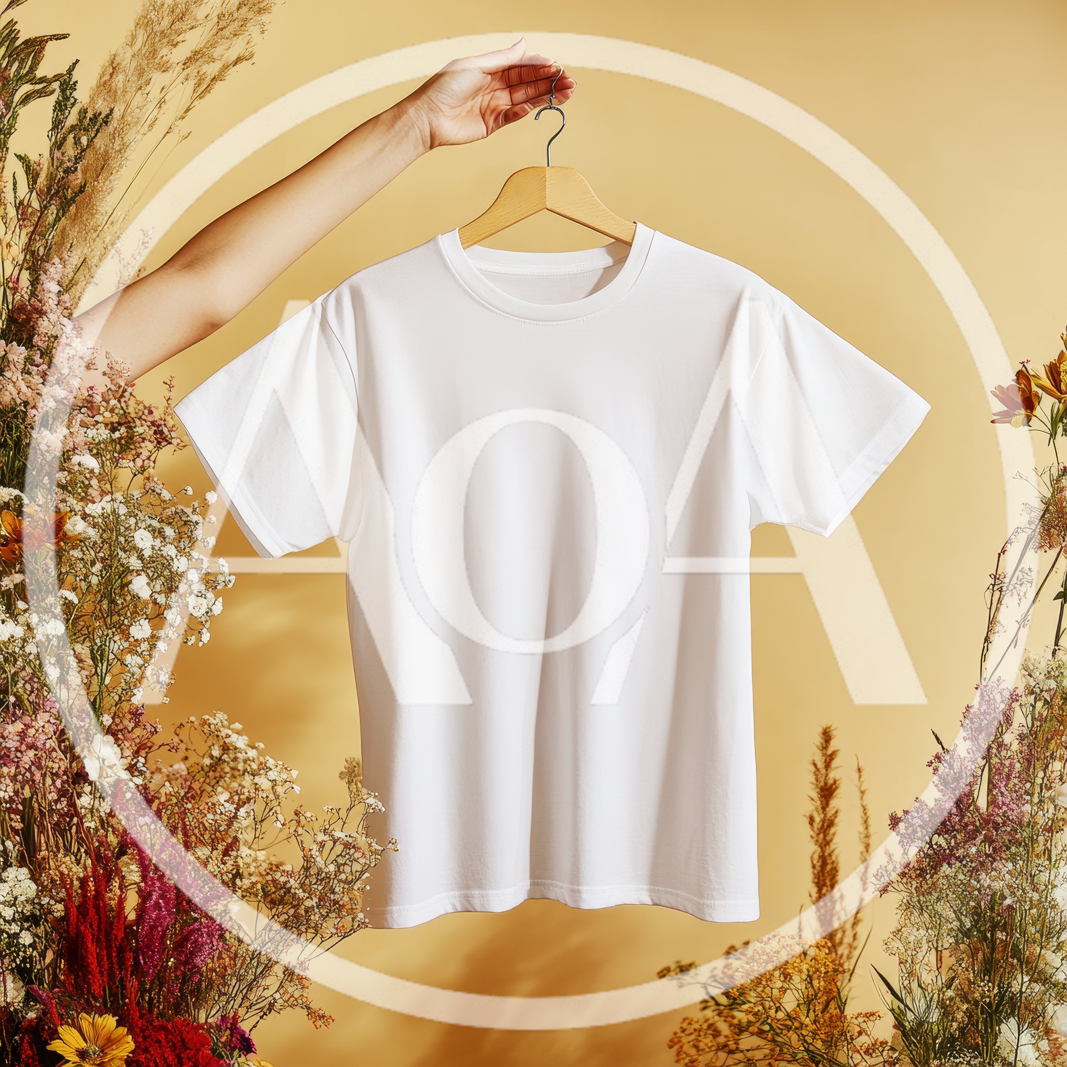White T-Shirt Mockup Held By Hand With Dried Flowers