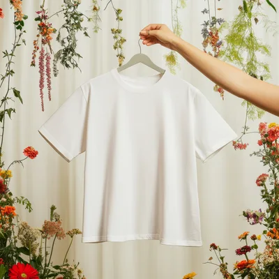 Hand Holding White T-Shirt On Hanger Against Floral Background