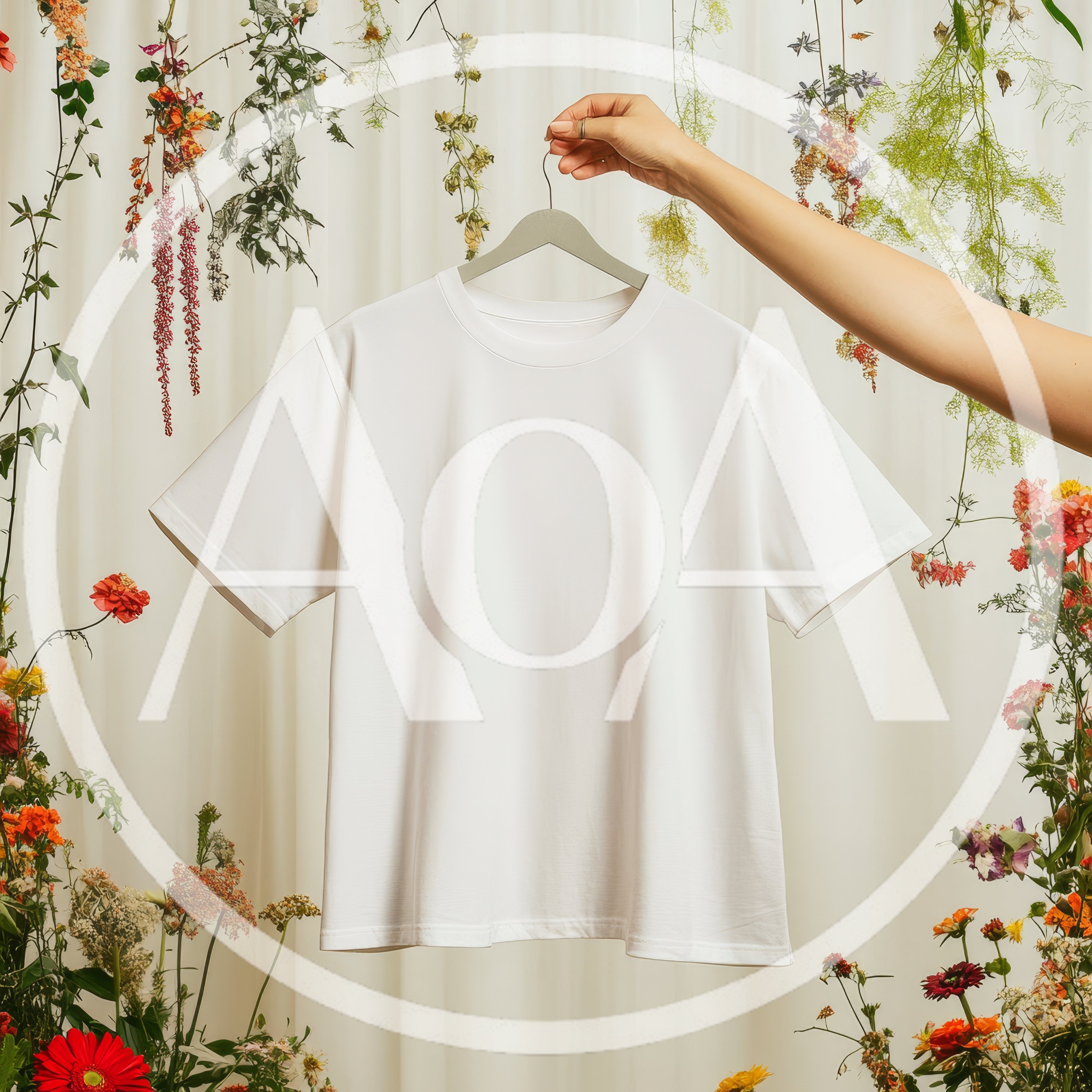 Hand Holding White T-Shirt On Hanger Against Floral Background