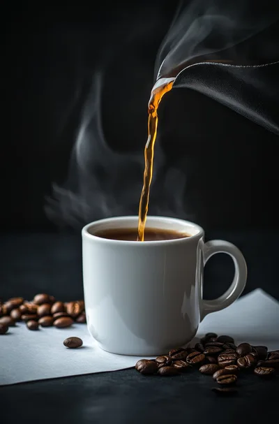 Pouring Hot Coffee Into A White Ceramic Mug