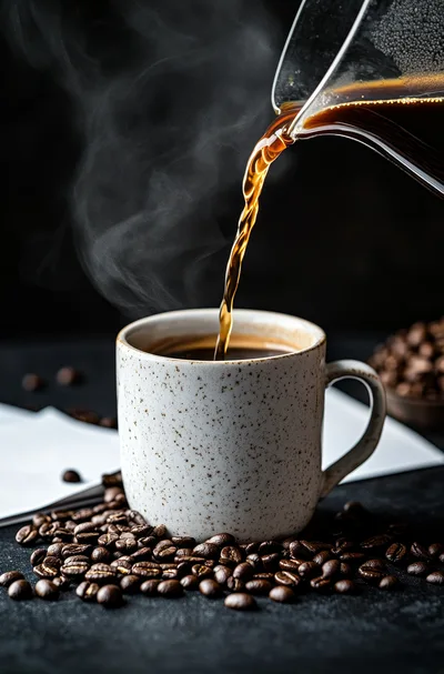 Pouring Hot Coffee Into A Speckled Ceramic Mug