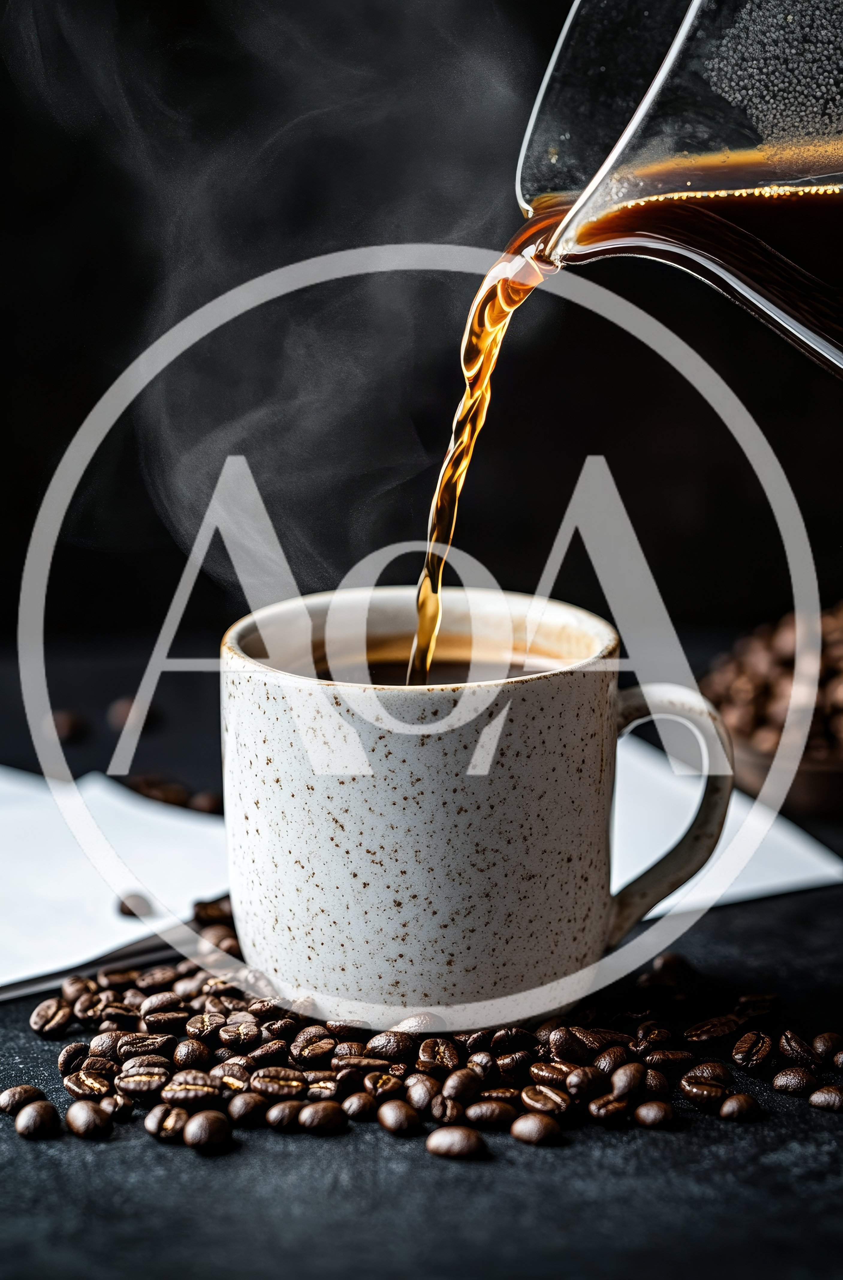 Pouring Hot Coffee Into A Speckled Ceramic Mug