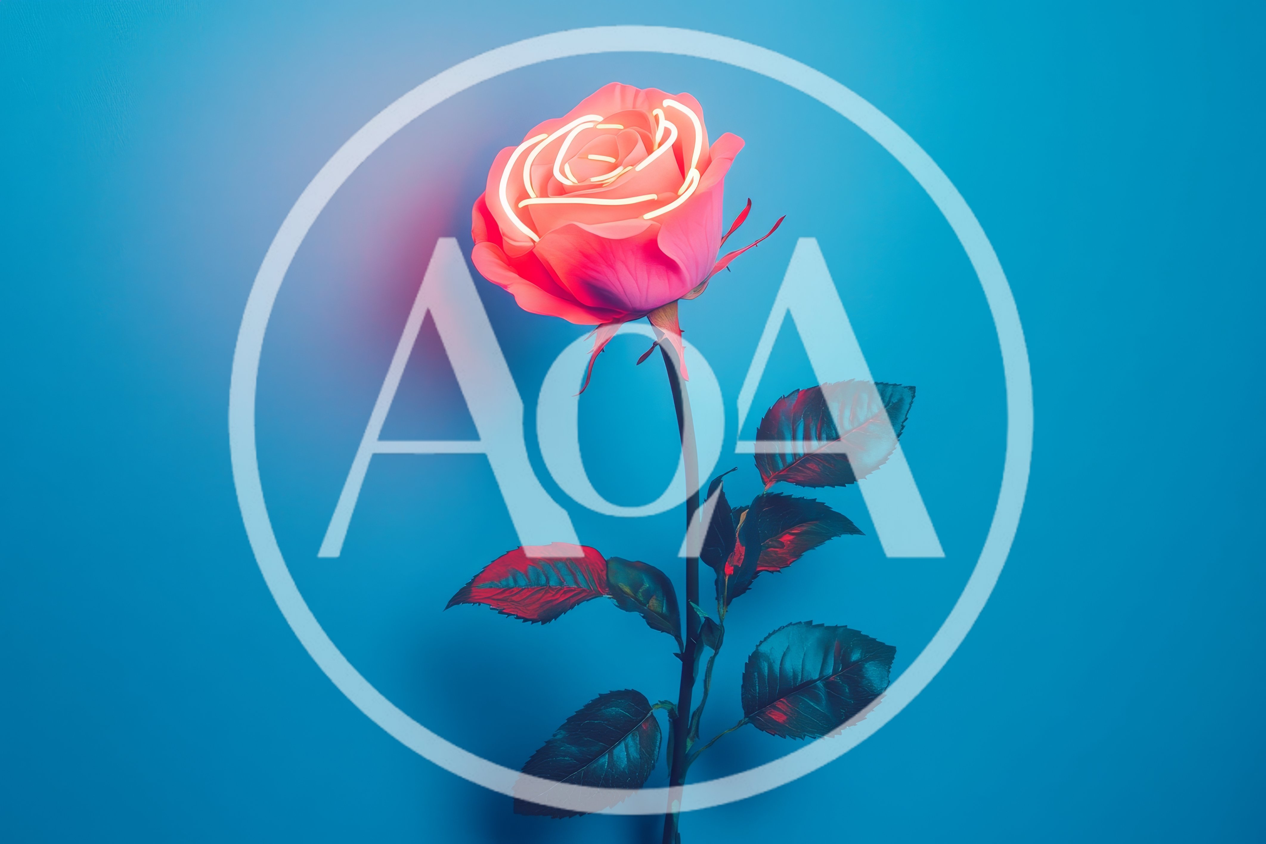 Neon Glowing Rose Flower On Blue Background