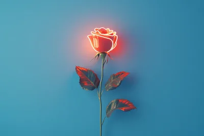Glowing Neon Rose Flower On Blue Background