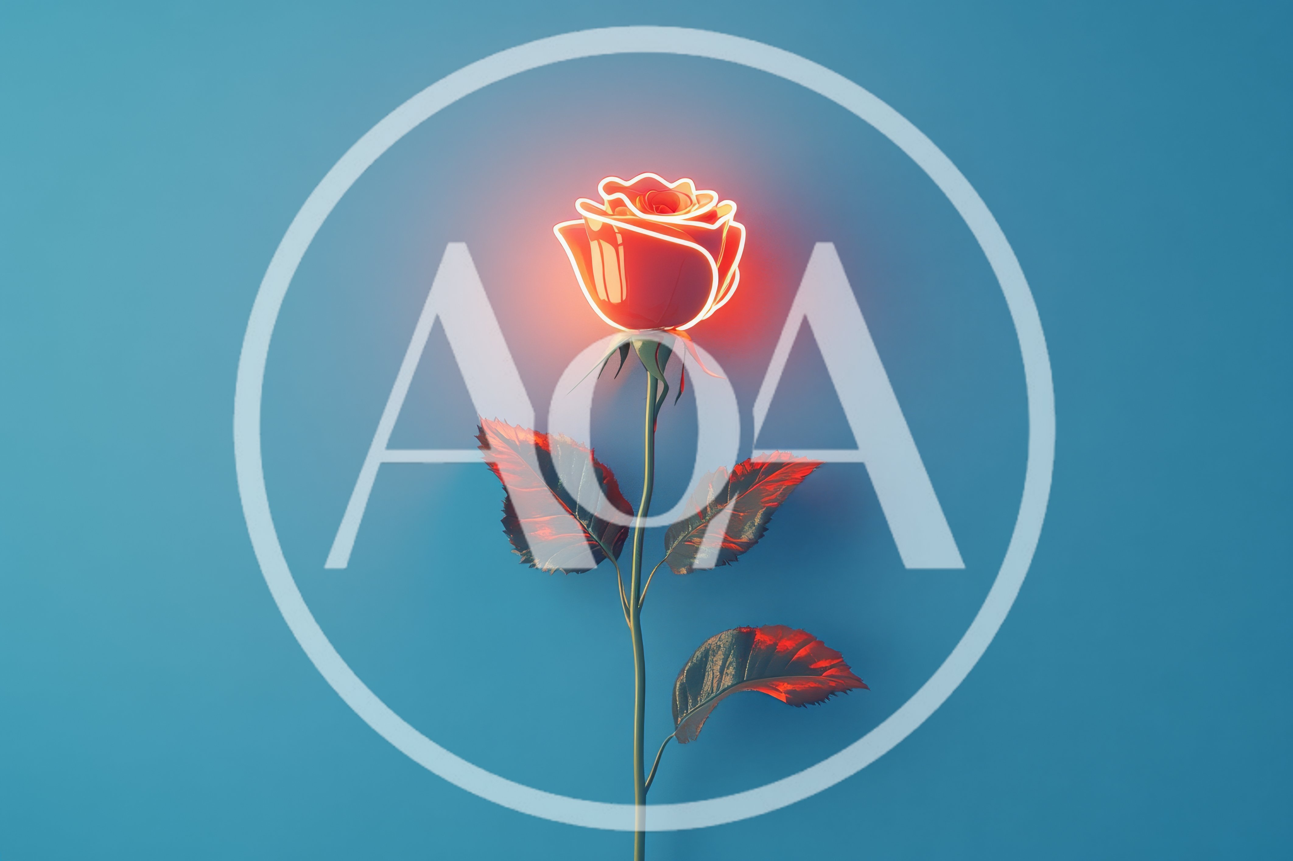 Glowing Neon Rose Flower On Blue Background