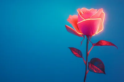 Glowing Neon Rose Flower Against Blue Background