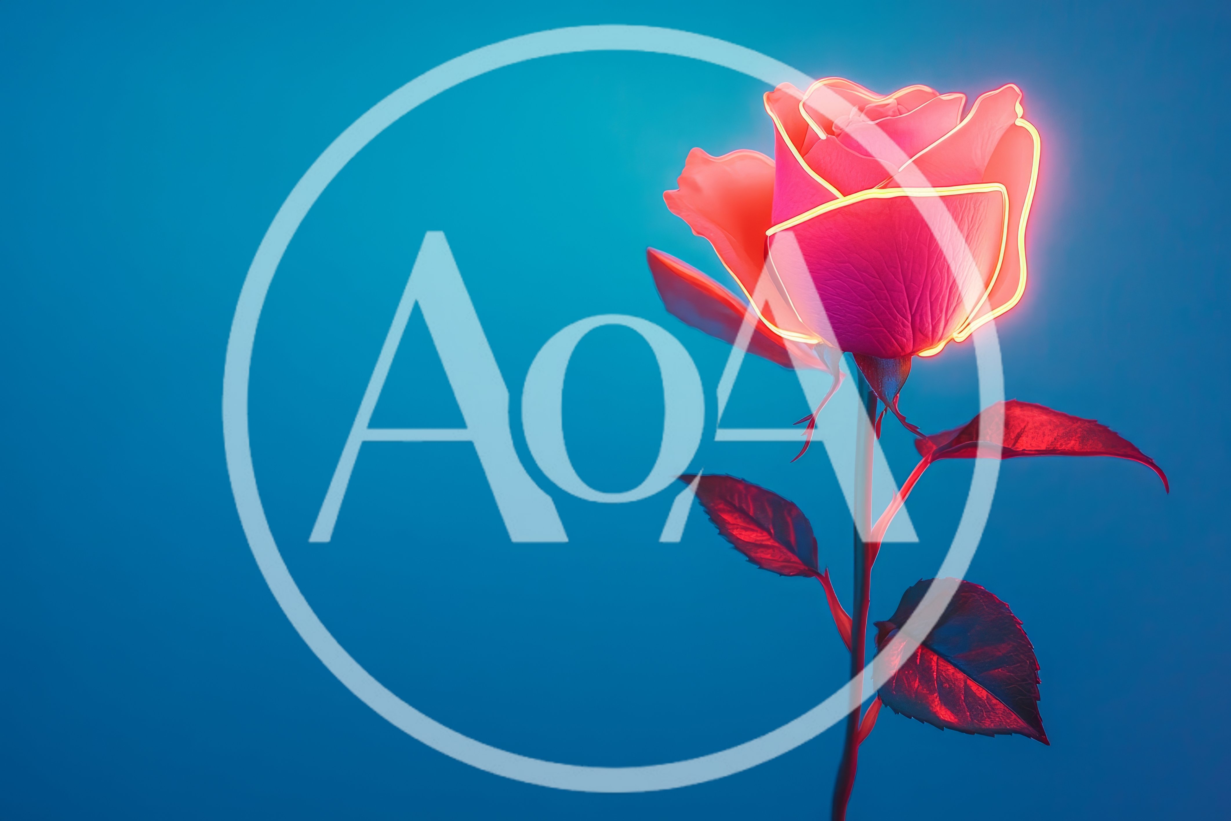 Glowing Neon Rose Flower Against Blue Background