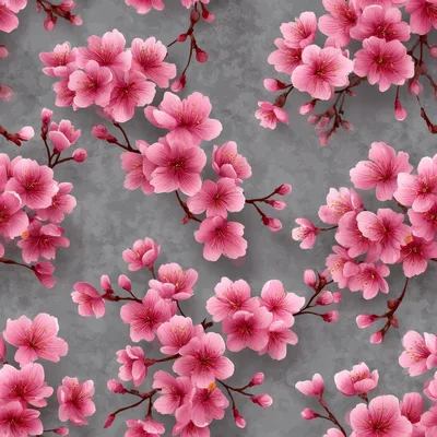 Seamless Pattern Of Pink Cherry Blossoms On Grey