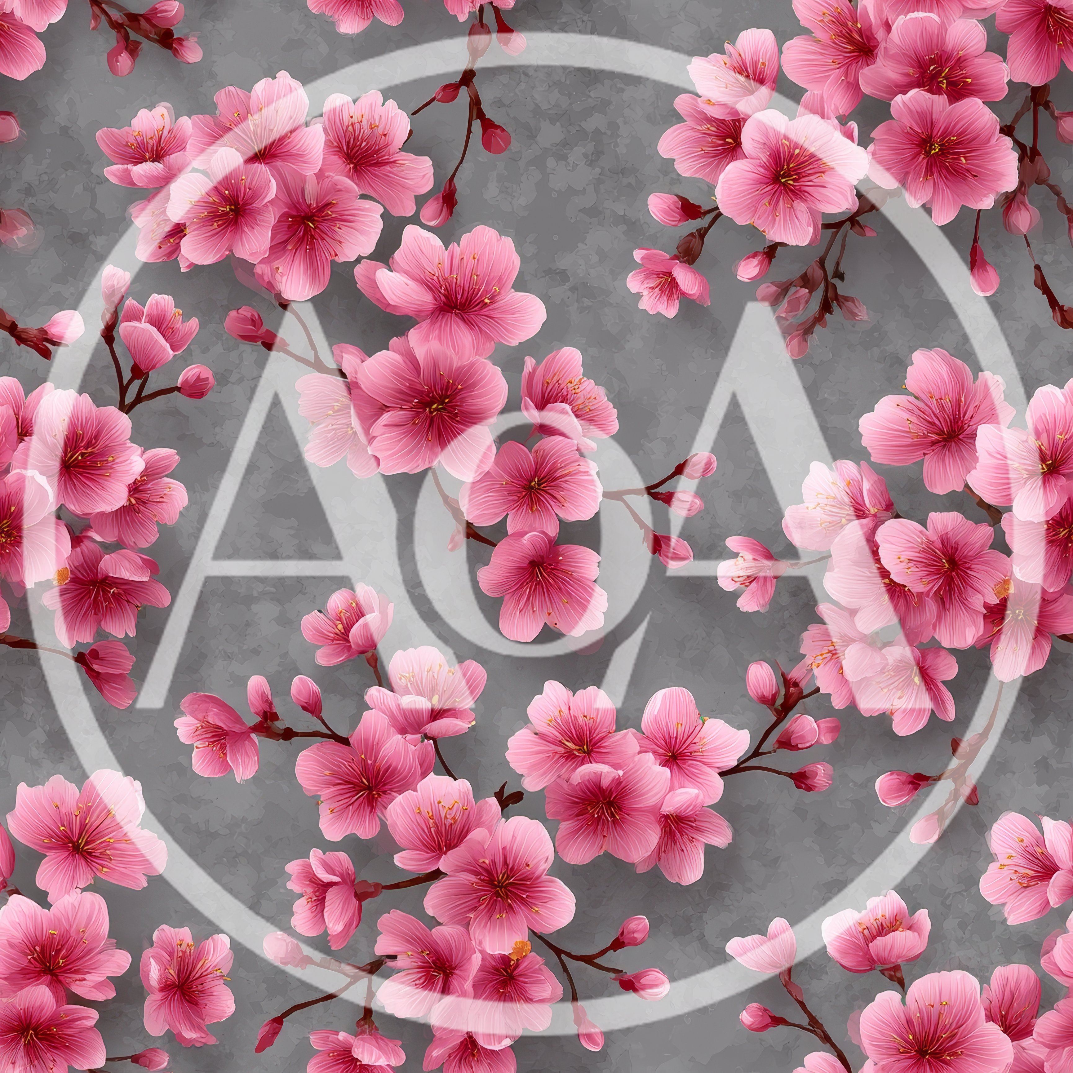 Seamless Pattern Of Pink Cherry Blossoms On Grey