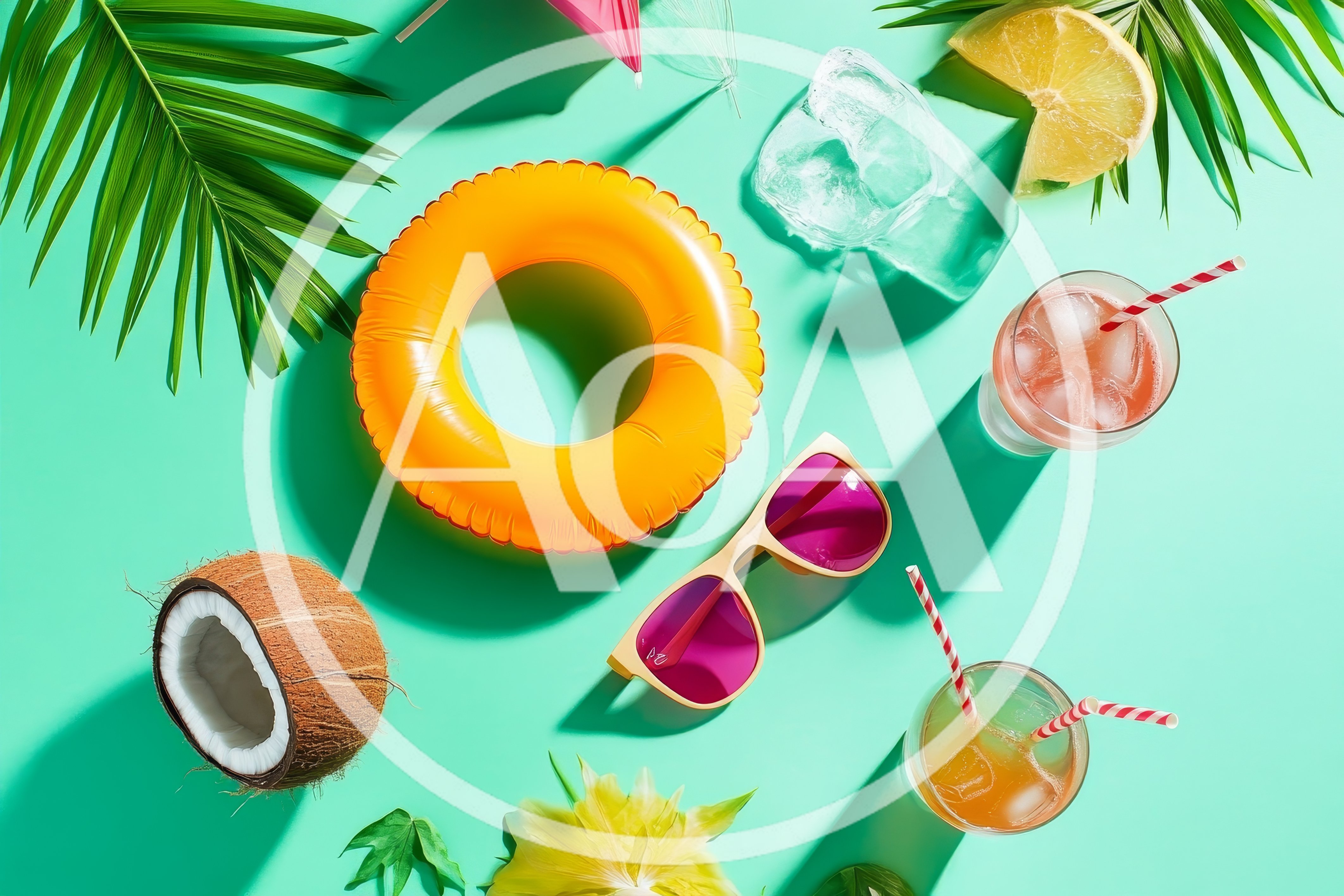 Summer Vacation Flat Lay With Tropical Drinks And Accessories
