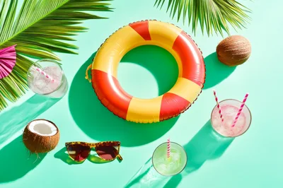 Summer Vacation Flat Lay With Pool Float And Drinks