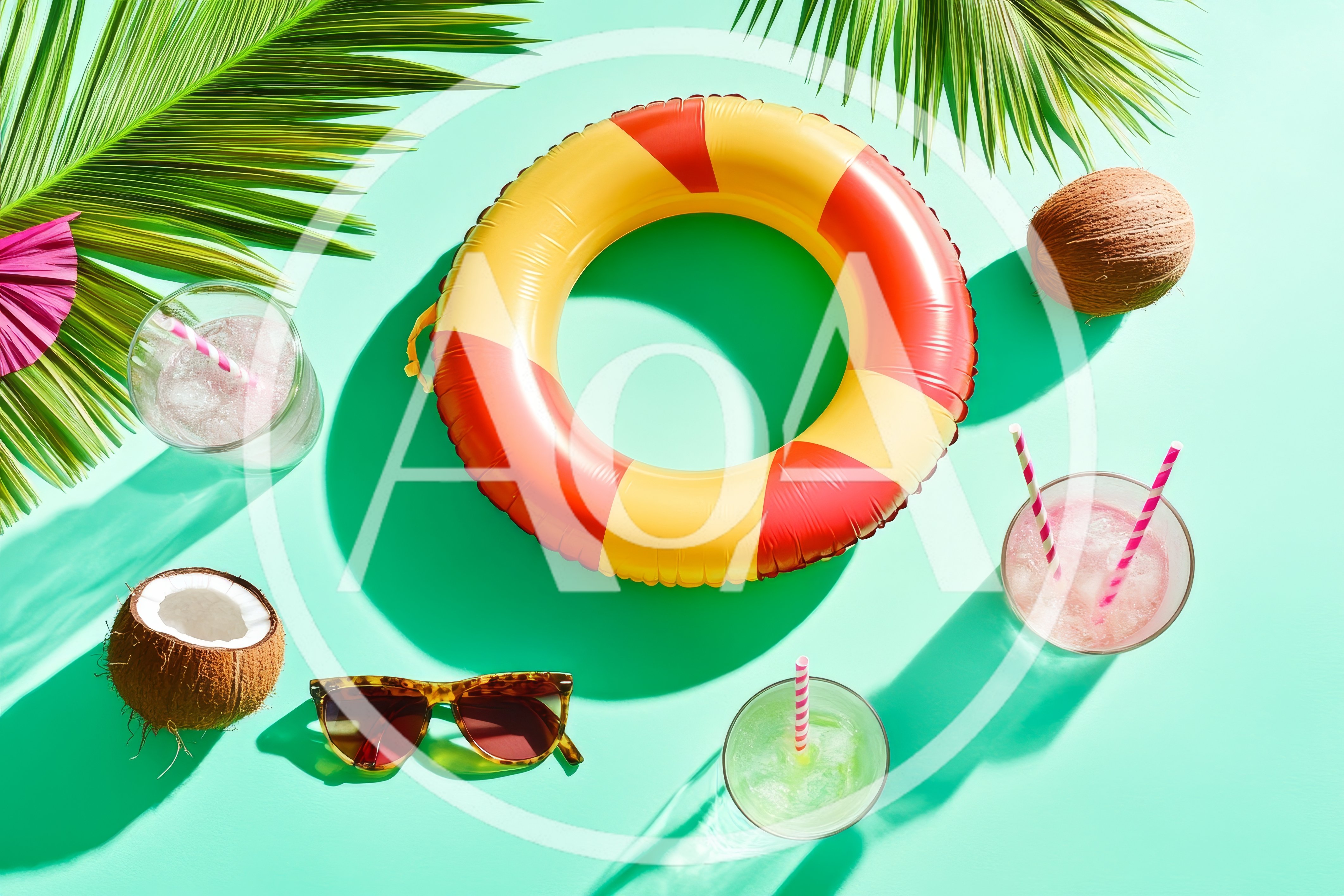 Summer Vacation Flat Lay With Pool Float And Drinks
