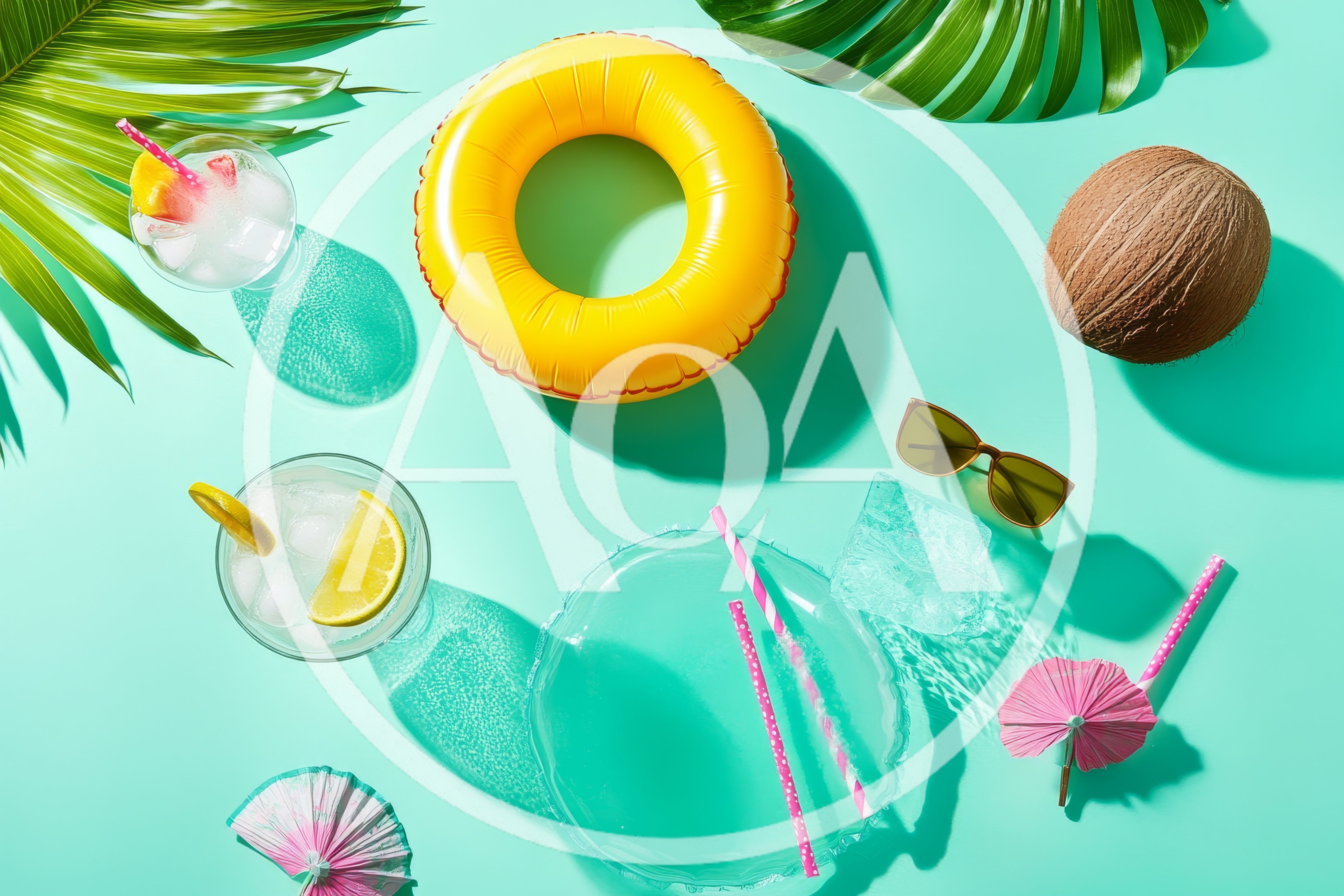 Summer Vacation Flat Lay With Tropical Drinks And Accessories
