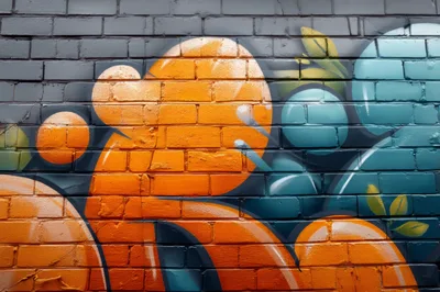 Abstract Graffiti Mural With Orange And Blue Spheres