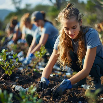 Volunteers Planting Young Trees In A Forest Restoration Project