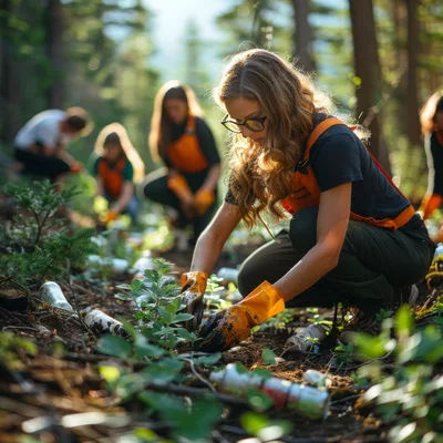Volunteers Cleaning Up Litter In A Forest