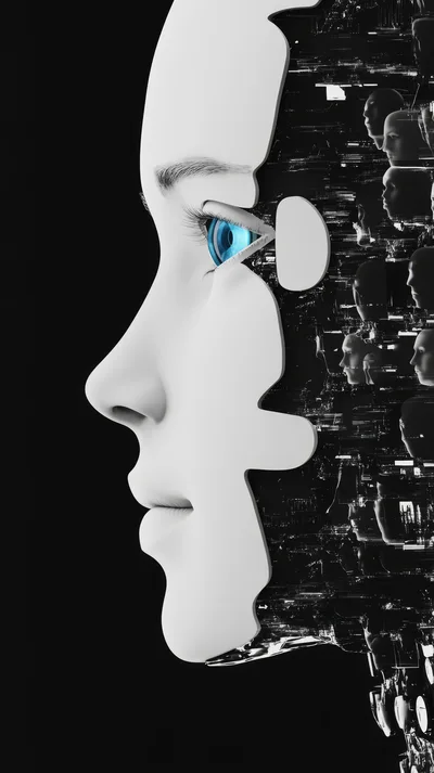 Digital Human Face Profile With Cybernetic Data Patterns