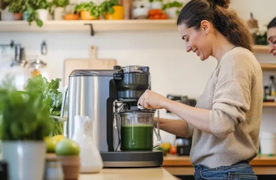Woman Preparing Fresh Green Juice In Kitchen