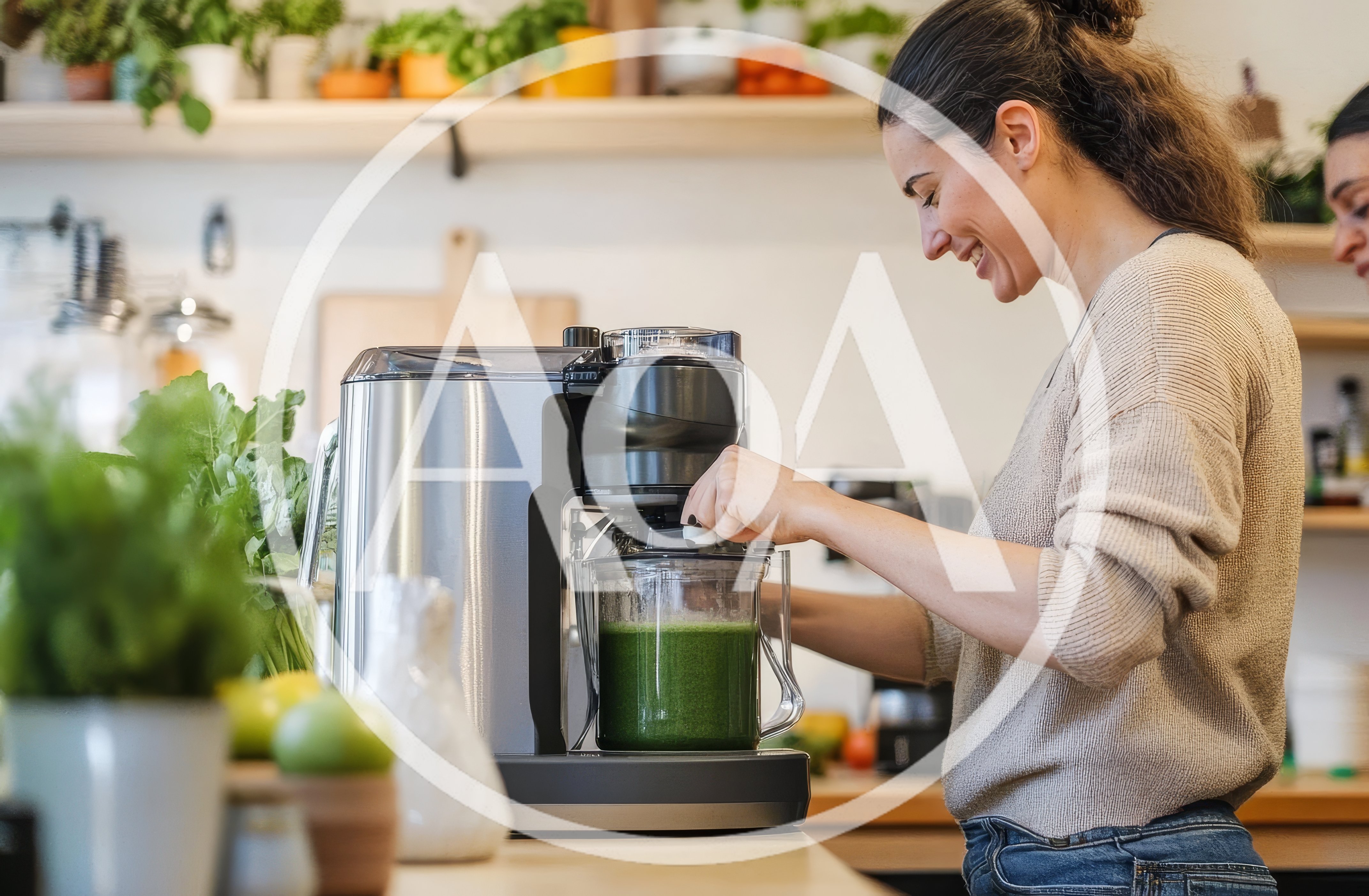 Woman Preparing Fresh Green Juice In Kitchen