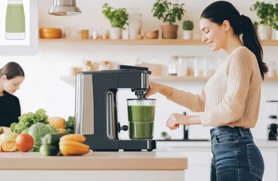 Woman Preparing Green Smoothie In Modern Kitchen