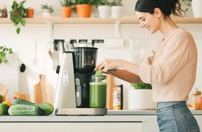 Woman Preparing Fresh Green Vegetable Juice In Kitchen