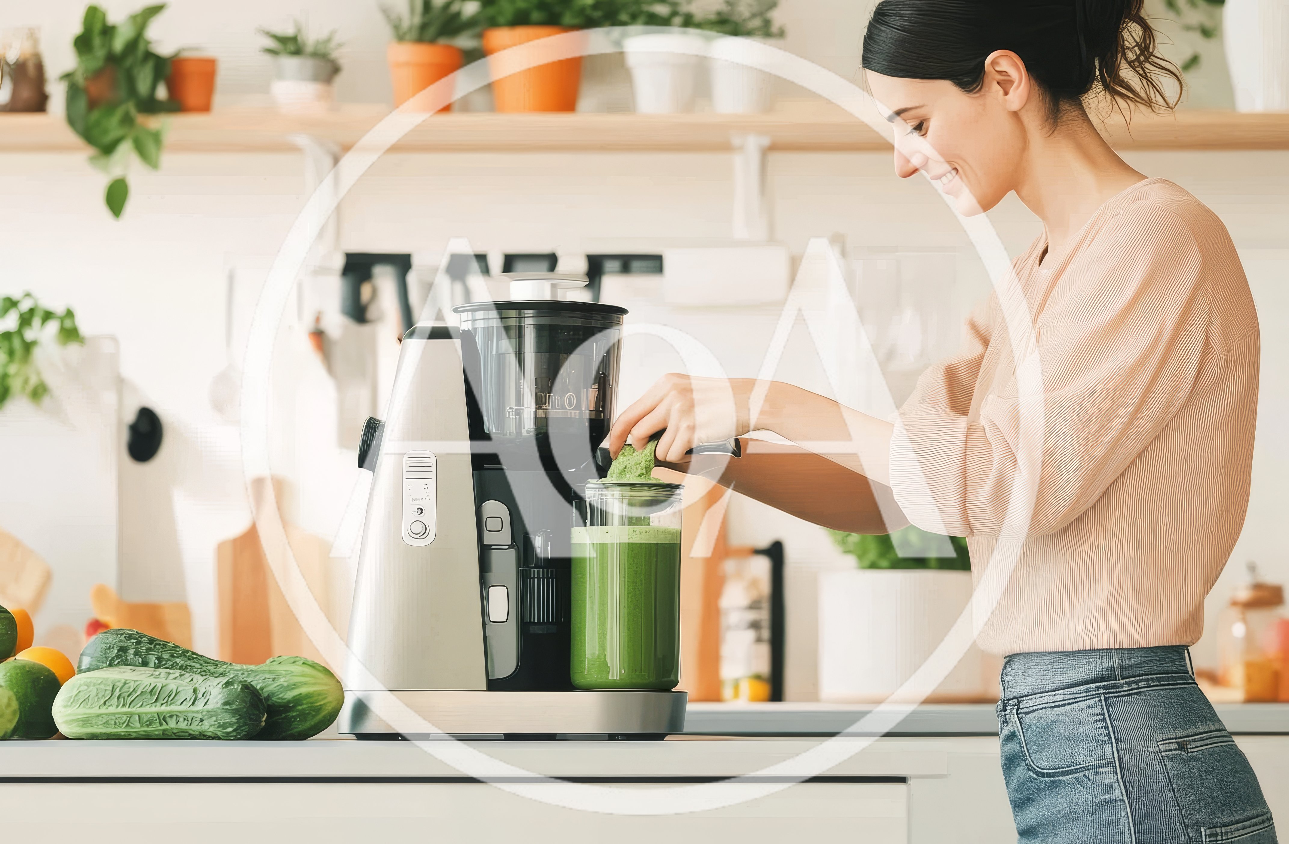 Woman Preparing Fresh Green Vegetable Juice In Kitchen