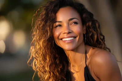 Portrait Of A Smiling Woman With Curly Hair