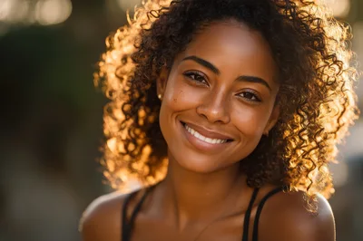 Portrait Of A Smiling Woman With Curly Hair