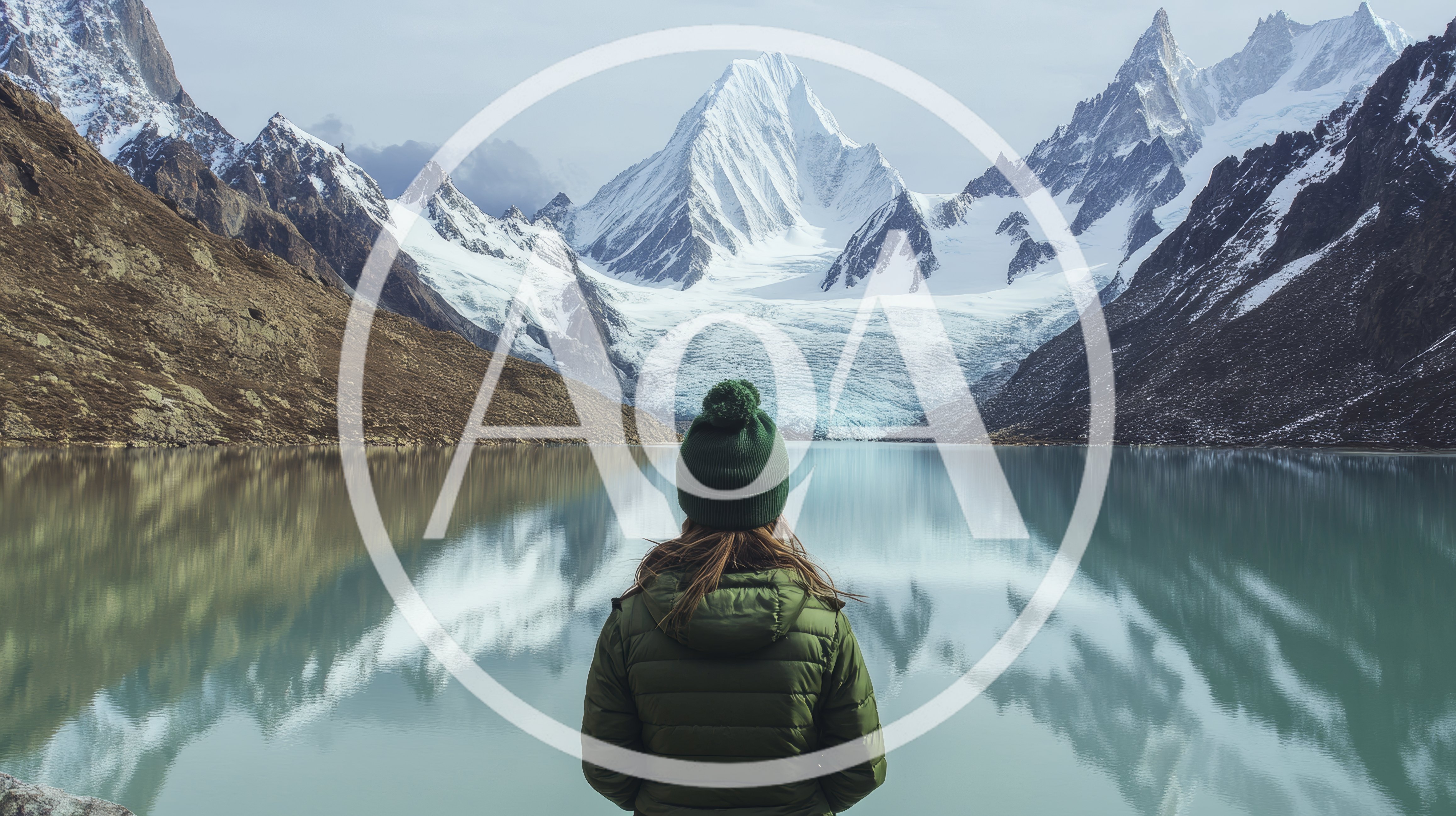 Woman Standing Before A Glacial Lake And Mountains