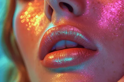 Macro Close Up Of Lips With Neon Glitter Makeup