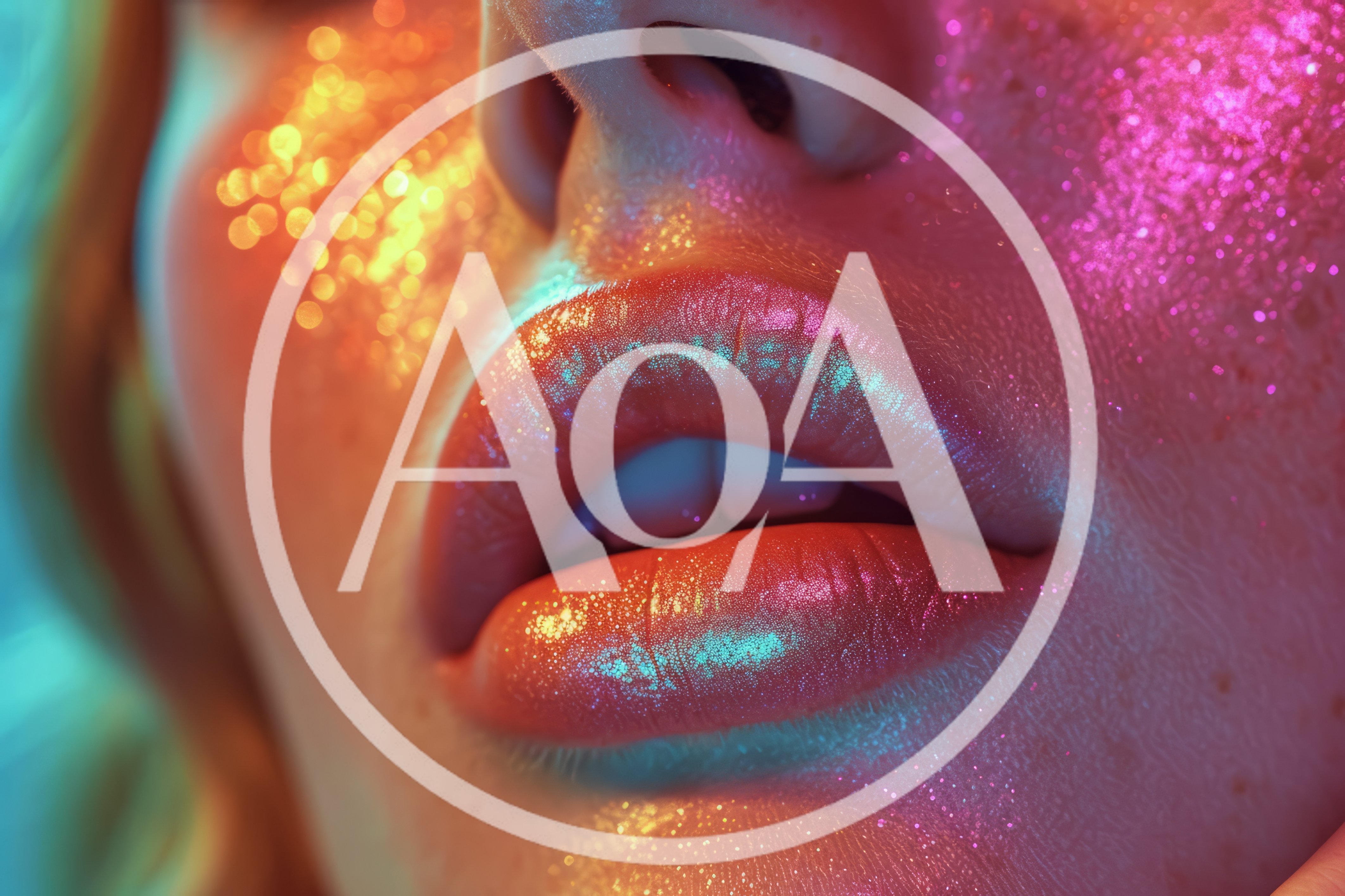 Macro Close Up Of Lips With Neon Glitter Makeup